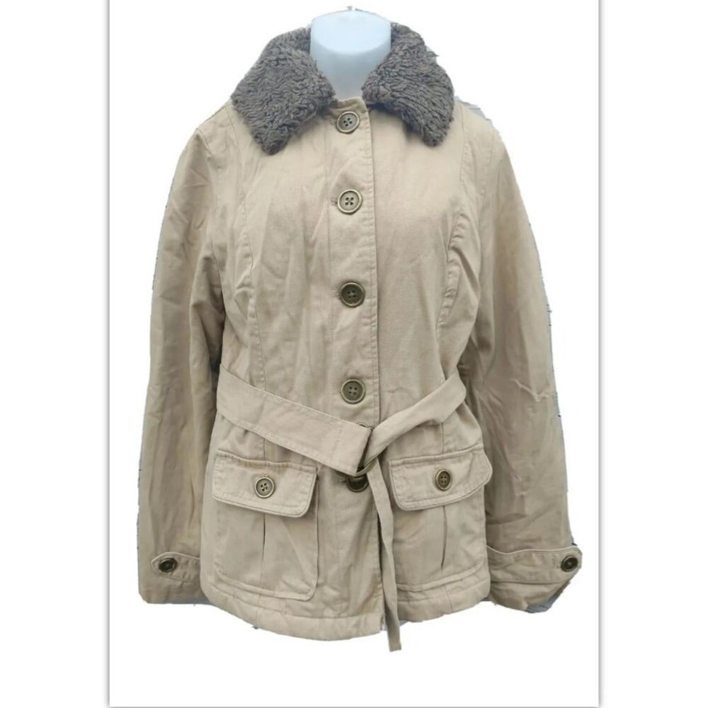 Merona Jacket Coat Womens Sz XS Beige Khacki Long Sleeve Button Up Pockets Belt
